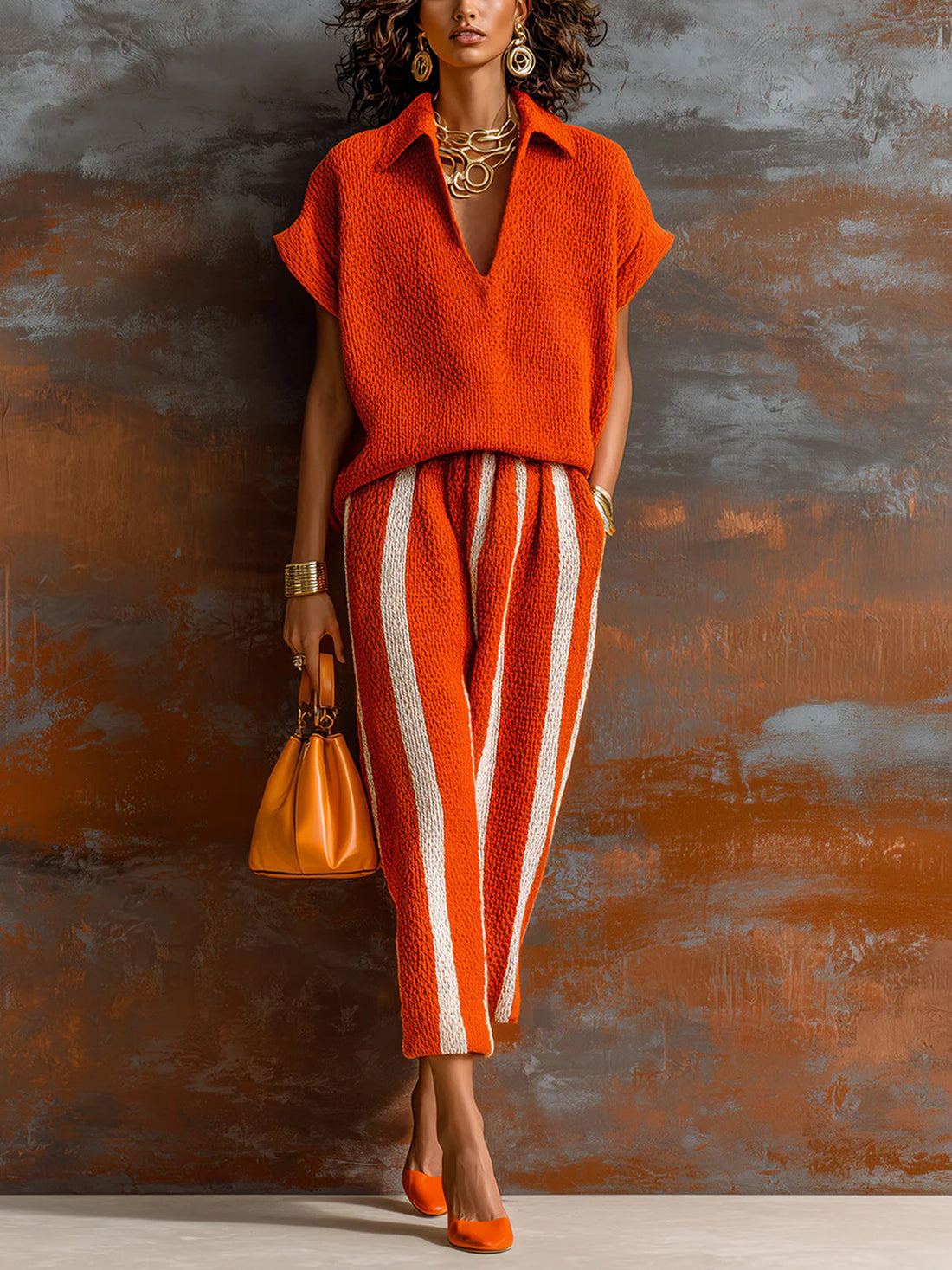 ElevenOra Chic Elegant Orange-White Colorblock Lapel V-Neck Short-Sleeve Loose-Fit Sweater Elastic-Waist Pants Knit Two-Piece Set