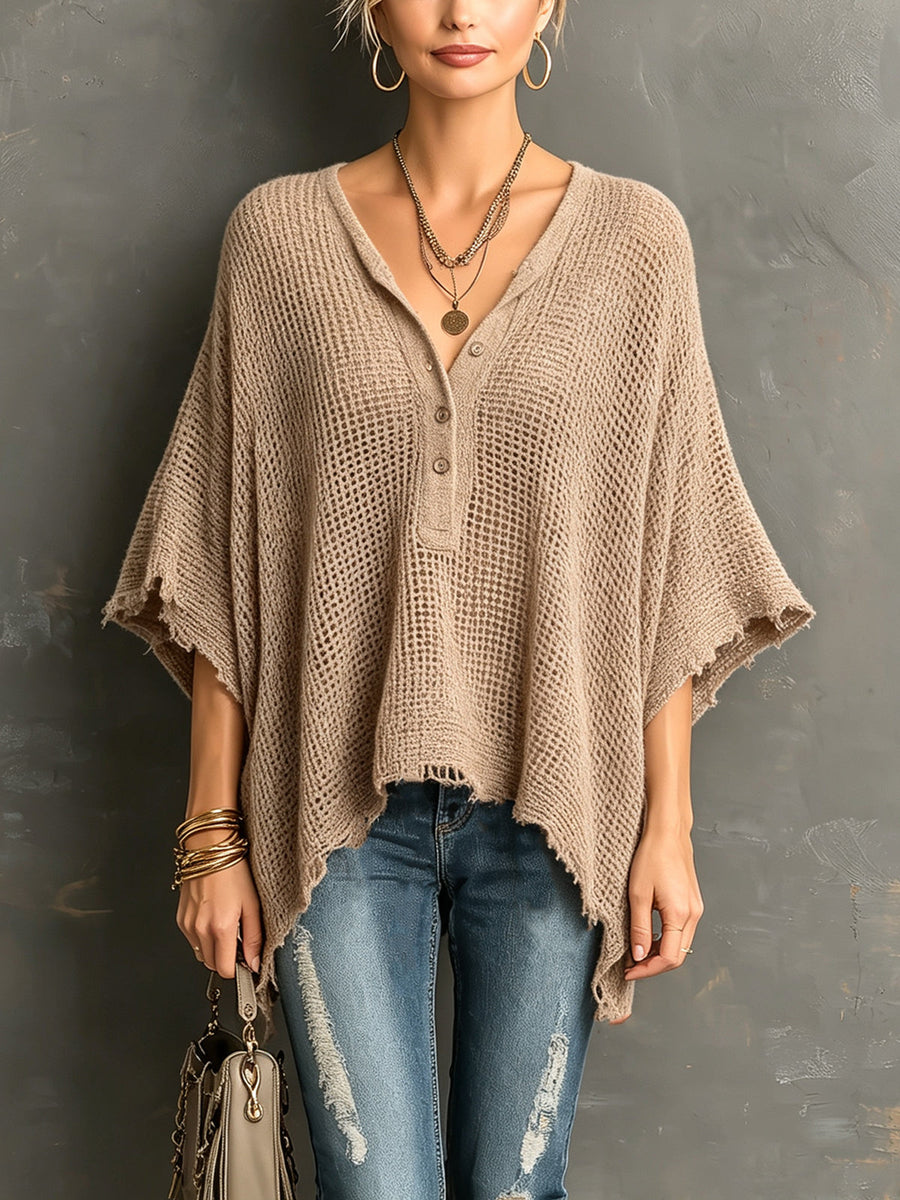 ElevenOra Chic Casual Black Henley Collar Dropped Shoulder Batwing-Sleeve Raw Edge Detail Loose-Fit Sweater