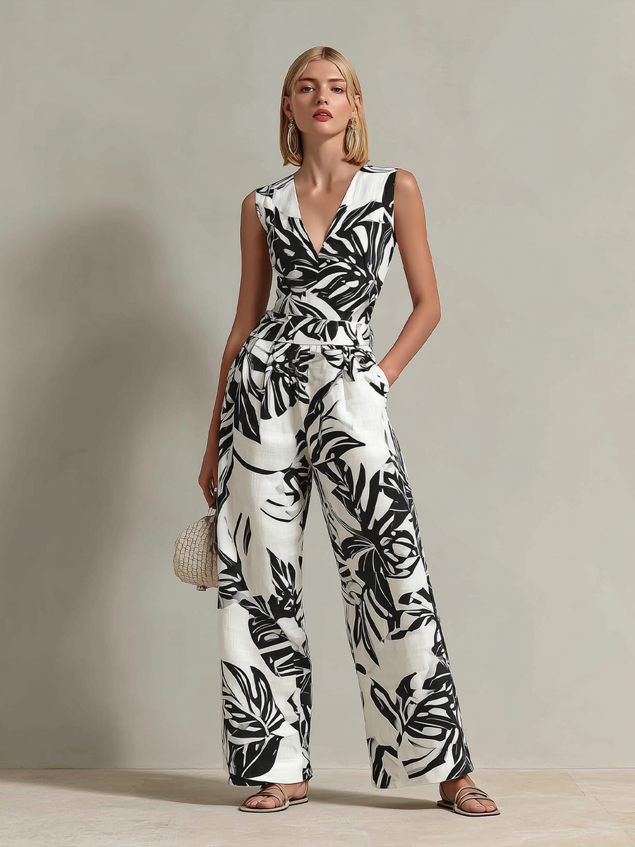 ElevenOra Chic Elegant White-Black Colorblock Leaf Print V-Neck Sleeveless Tailored-Waist Loose-Fit Cotton-Linen Blend Jumpsuit