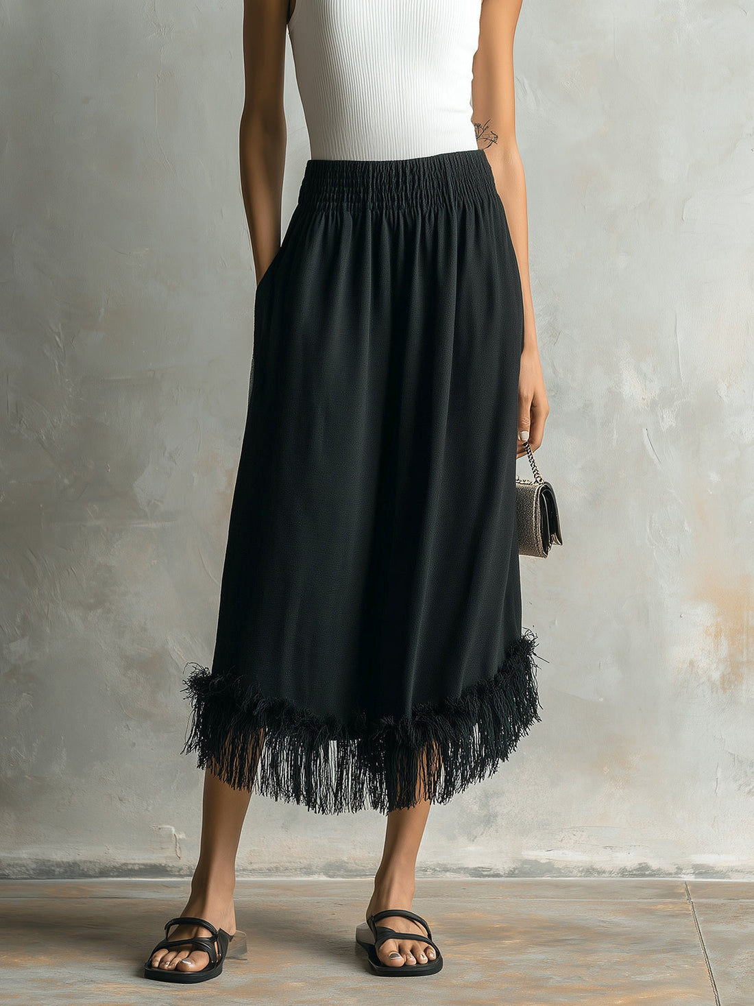 ElevenOra Chic Elegaht Black Cotton Blend Elastic Waist Fringe Detail Loose-Fit Midi Skirt
