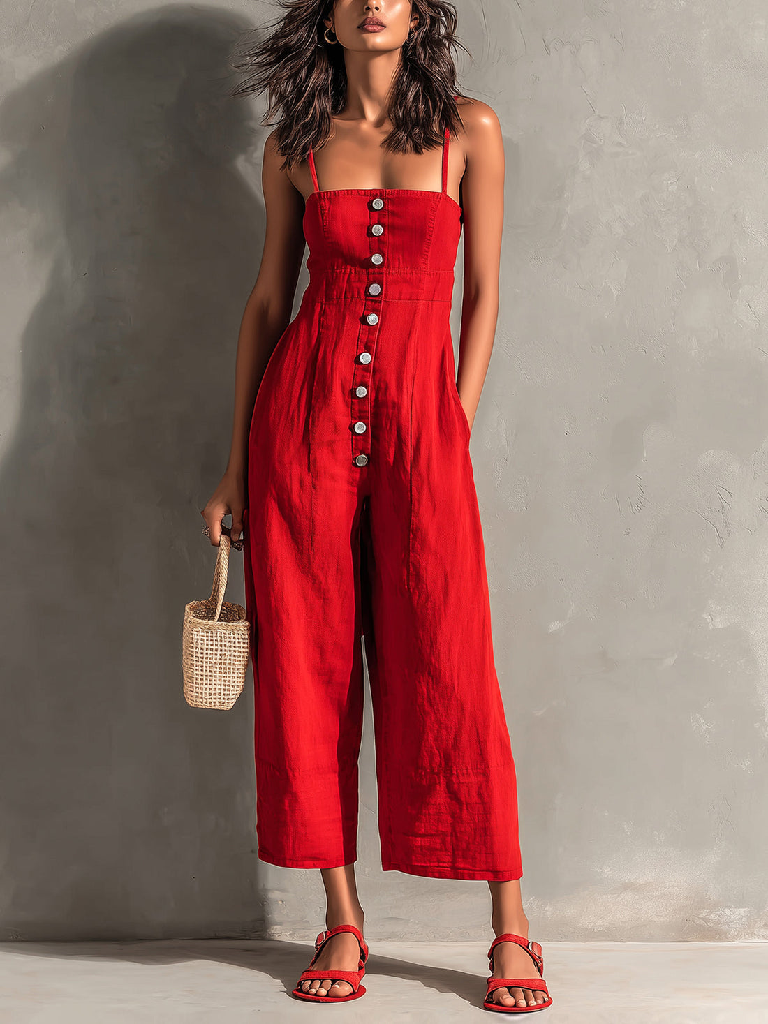 ElevenOra Chic Elegant Red Cotton Washed Spaghetti-Strap Square-Neck Sleeveless Button-Front Tailored-Waist Wide-Leg Jumpsuit