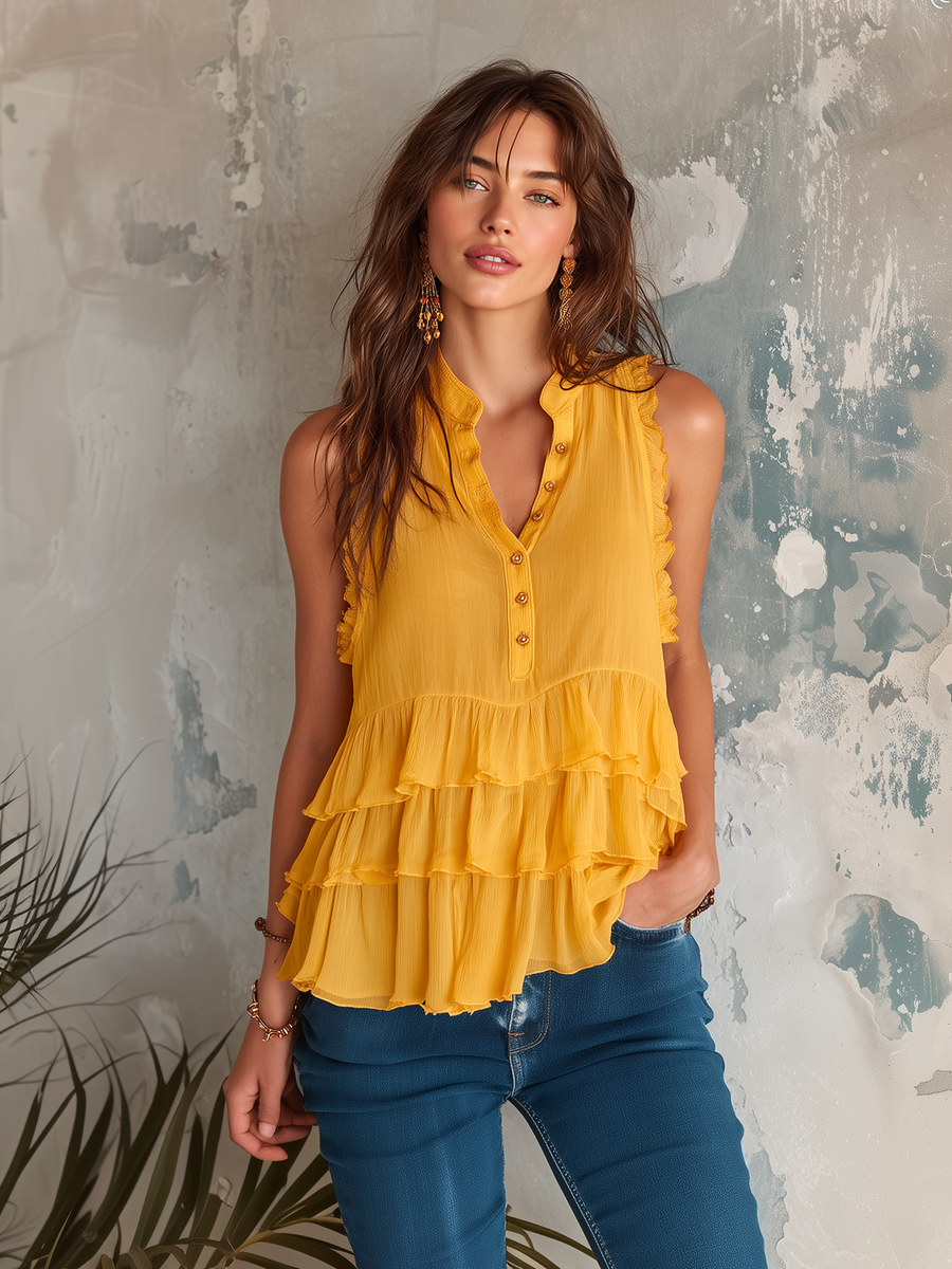 ElevenOra Chic Casual Mustard Yellow Stand-Collar Ruffle Trim Button-Up Sleeveless Loose-Fit Crinkled Chiffon Shirt Top