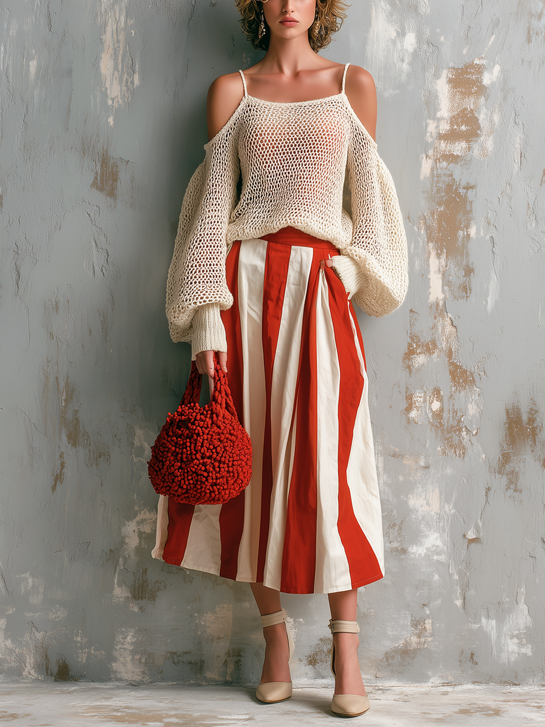 ElevenOra Chic Elegant Off-White Spaghetti-Strap Cold-Shoulder Balloon Sleeves Loose-Fit Knit Sweater White-Red Stripes Cotton Blend A-Line Midi Skirt Two-Piece Set