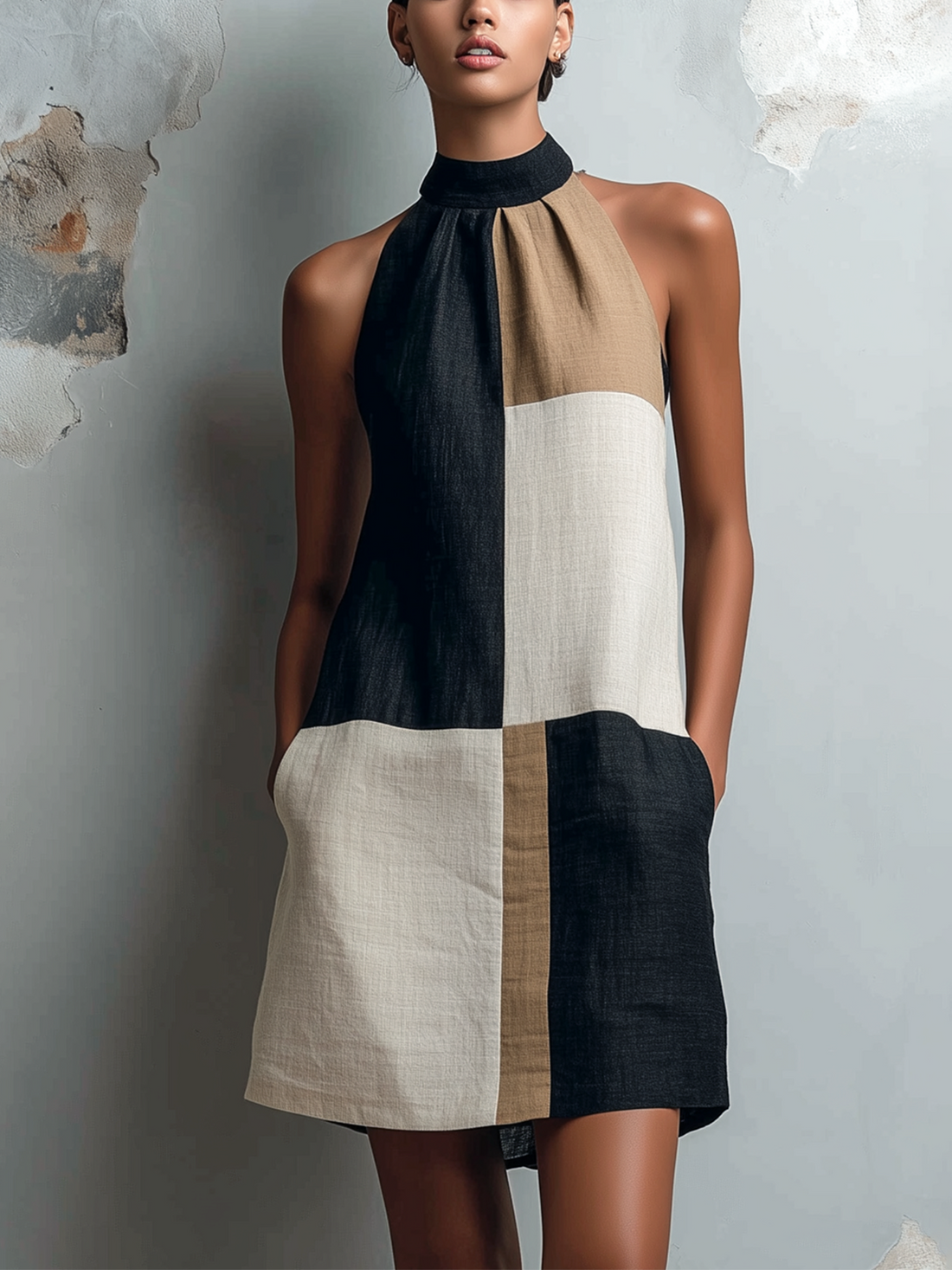 ElevenOra Chic Casual Black Camel-Off-White Colorblock Mock Halter Neck Sleeveless Loose-Fit Cotton-Linen Blend Mini Dress