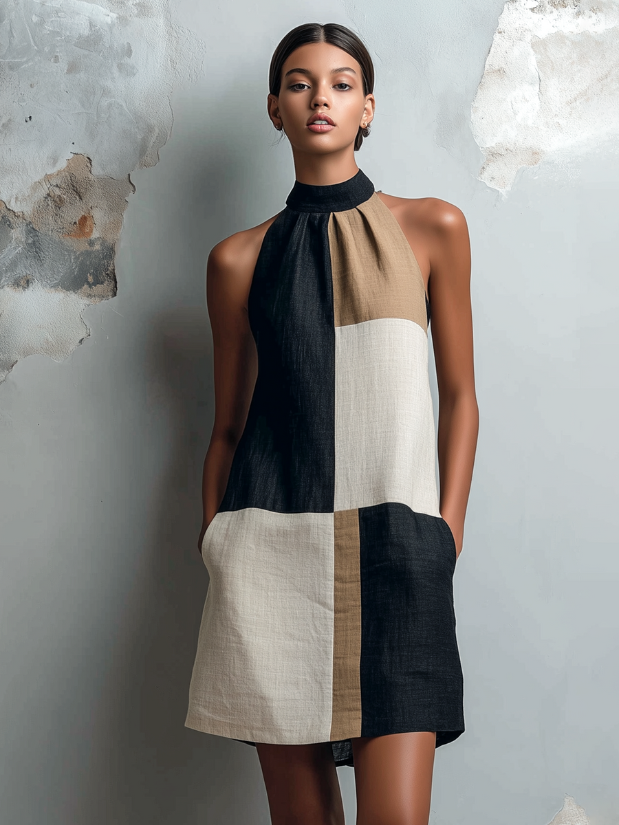 ElevenOra Chic Casual Black Camel-Off-White Colorblock Mock Halter Neck Sleeveless Loose-Fit Cotton-Linen Blend Mini Dress