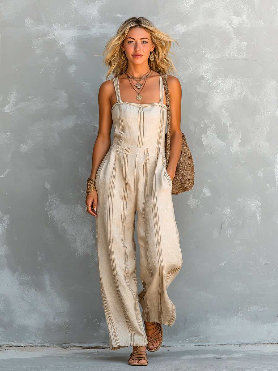 ElevenOra Chic Elegant Beige Stripes Cotton-Linen Blend Spaghetti Straps Square-Neck Sleeveless Loose-Fit Straight-Leg Jumpsuit
