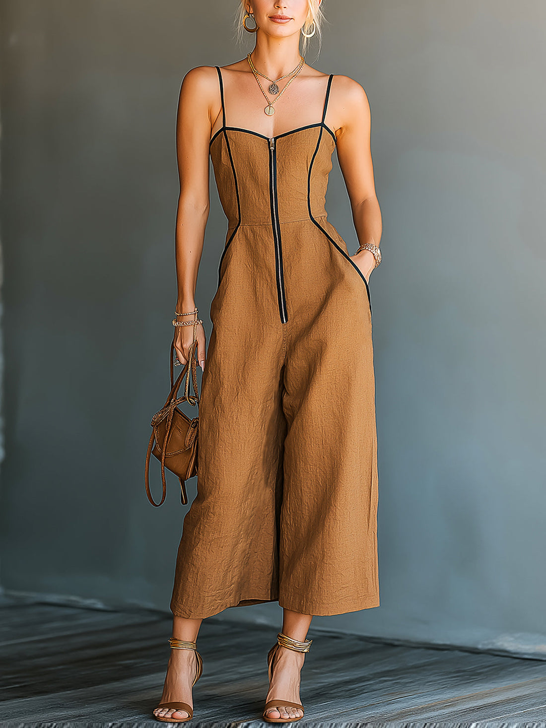 ElevenOra Chic Elegant Caramel Brown Cotton-Linen Blend Spaghetti Straps Zipper-Up Square-Neck Sleeveless Wide-Leg Jumpsuit