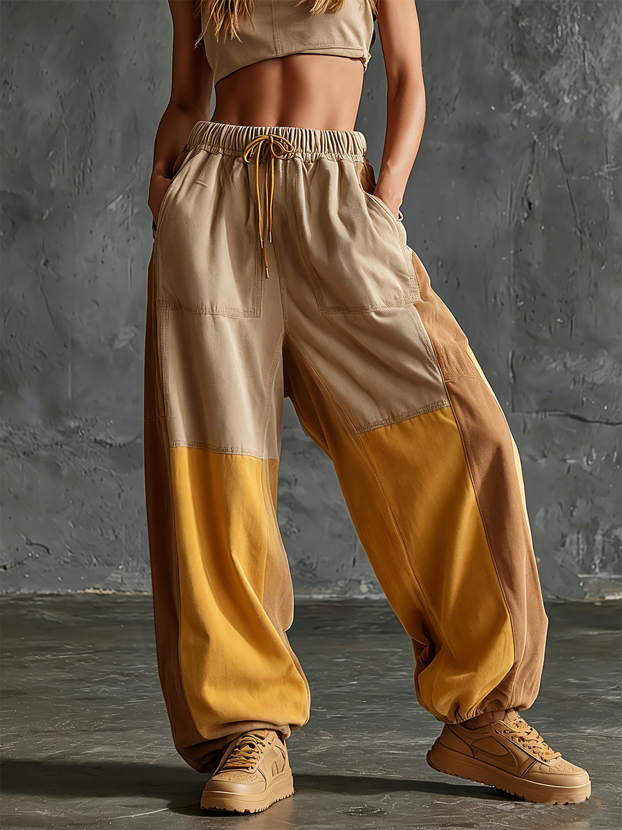 ElevenOra Chic Elegant Beige- Mustard Yellow-Camel Colorblock Elastic Waist Cotton Blend Wide-Leg Pants