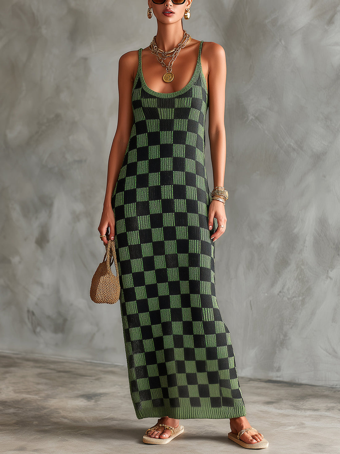 ElevenOra Chic Elegant Green-Black Checkerboard Pattern Spaghetti Straps U-Neck Sleeveless Slim-Fit Knit Maxi Dress