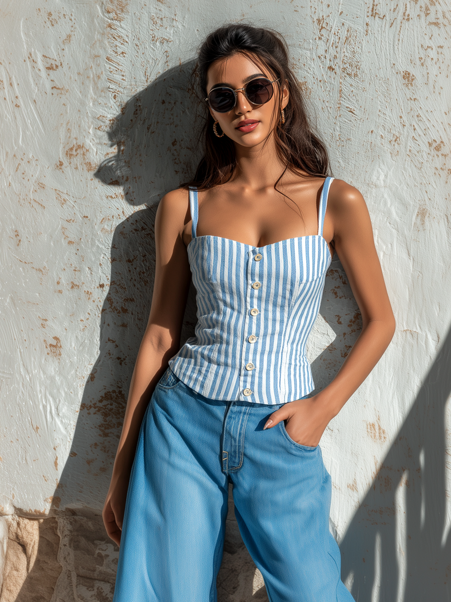 ElevenOra Chic Elegant Blue-White Stripes Spaghetti Straps Sweetheart Neck Button-Front Sleeveless Slim-Fit Cotton-Linen Blend Tank Top