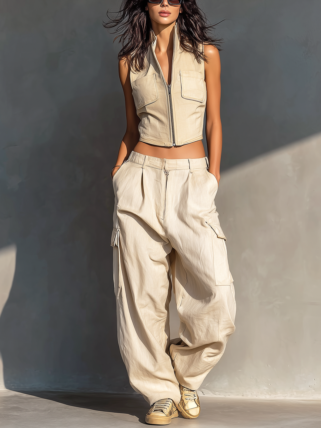ElevenOra Chic Casual Off-White Cotton-Linen Blend Stand Collar Zipper-Up Patch Pockets Sleeveless Slim-Fit Vest Top Cargo Wide-Leg Pants Two-Piece Set