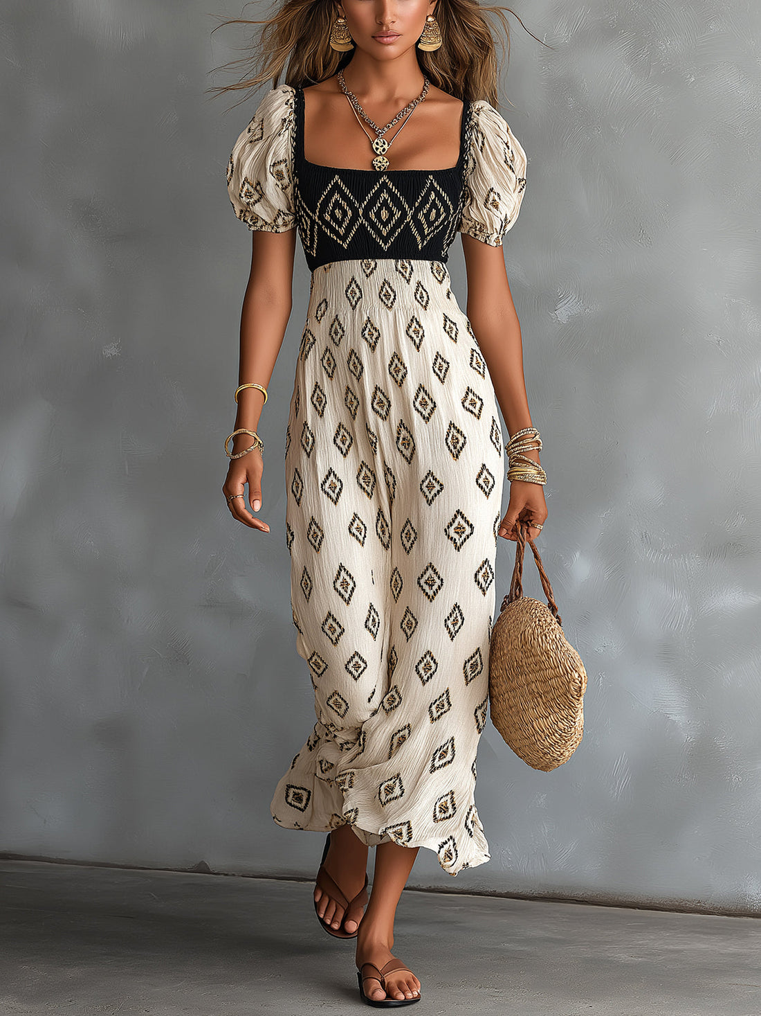 ElevenOra Chic Elegant Beige-Black Geometrical Pattern Print Square-Neck Short-Puff-Sleeve Tailored-Waist Loose-Fit Maxi Dress