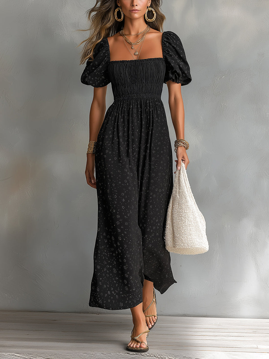ElevenOra Chic Elegant Black Cotton Blend Square-Neck Short-Puff-Sleeve Shirring Detail A-Line Loose-Fit Maxi Dress