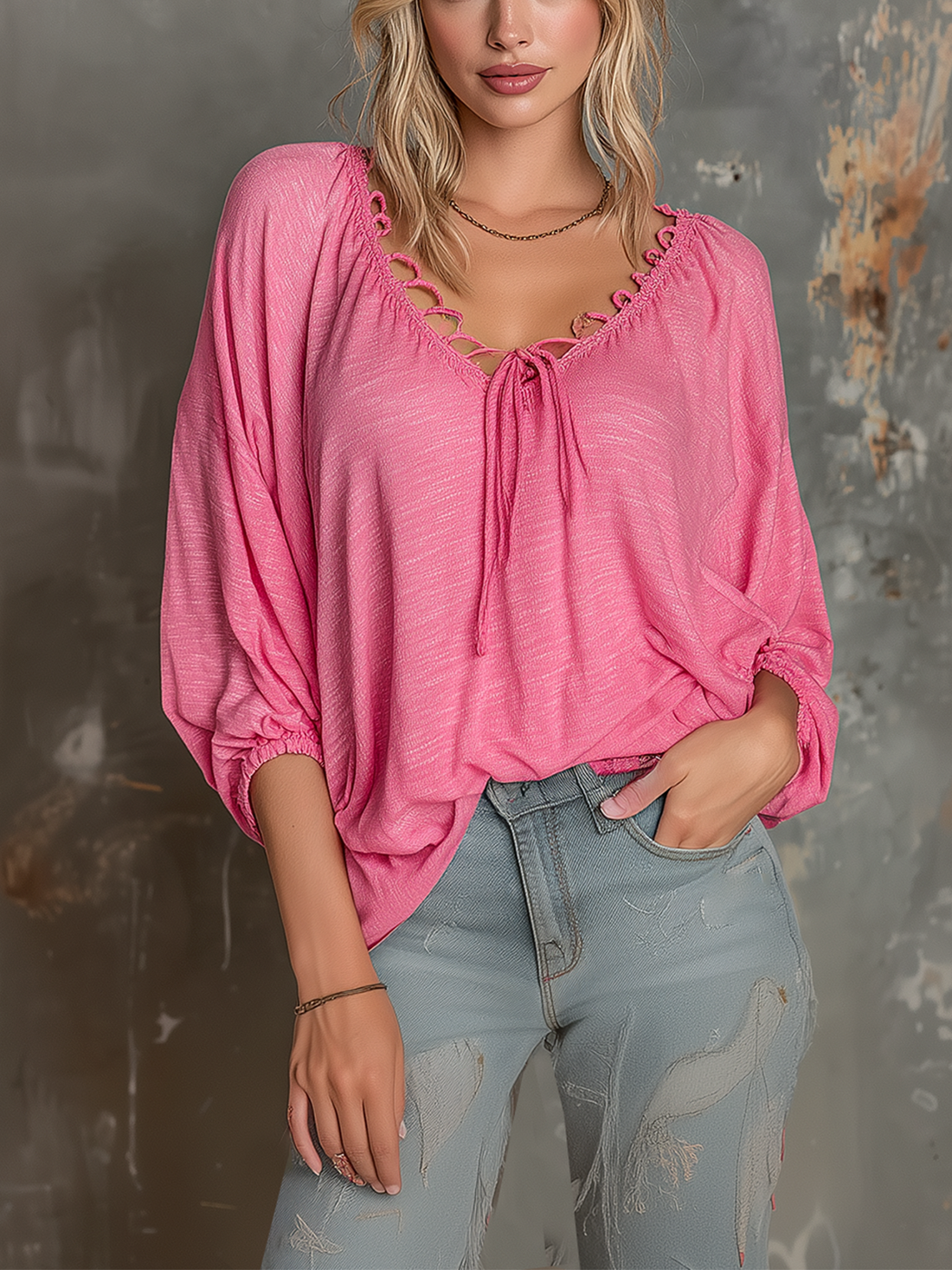 ElevenOra Chic Casual Bright Pink V-Neck Lace-Up Short Sleeve Loose-Fit Slub Cotton Fabric T-Shirt Top