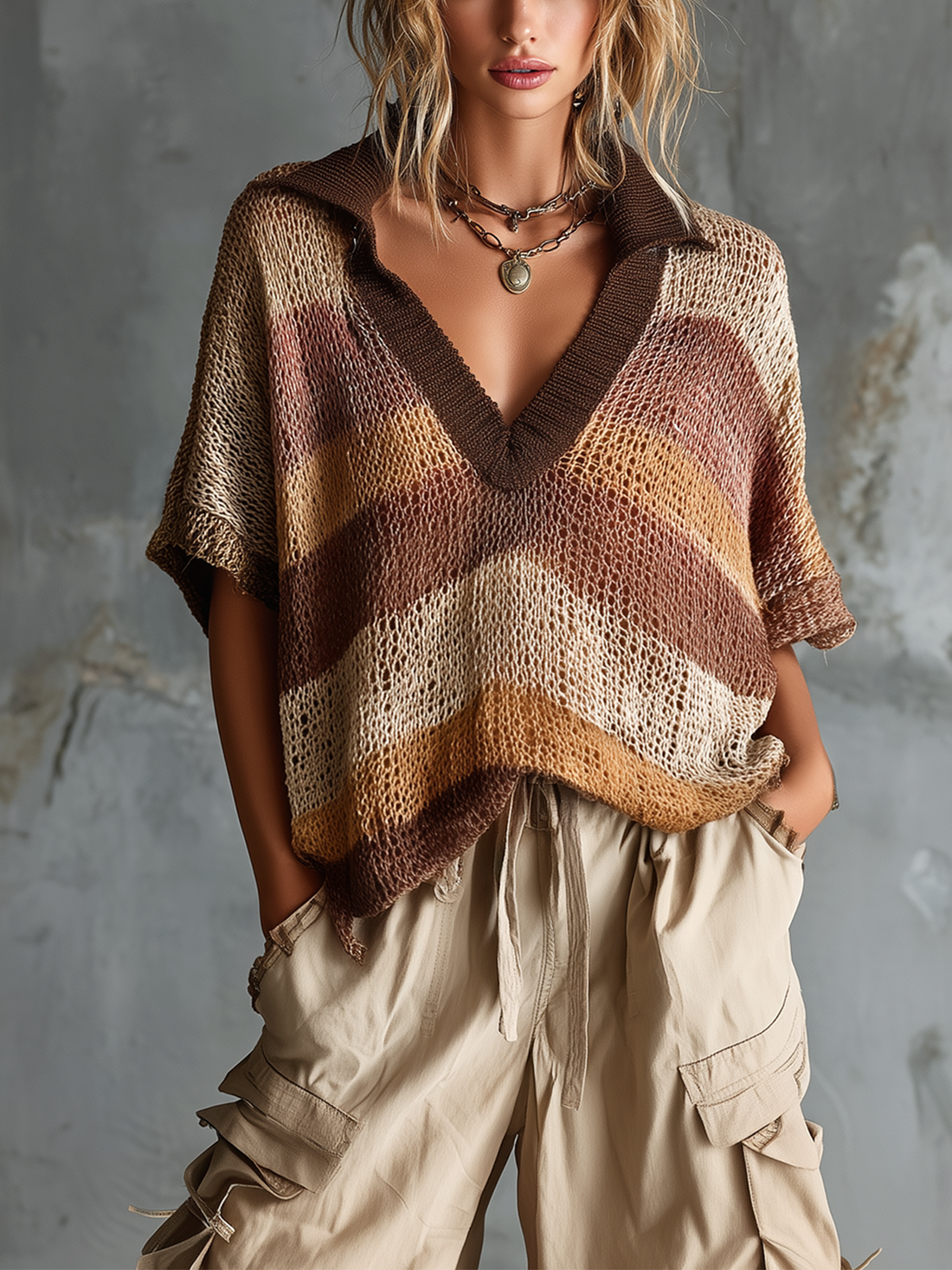 ElevenOra Chic Casual Multi-Color Stripe Lapel Collar V-Neck Short-Sleeve Loose-Fit Mesh Knit Sweater Top
