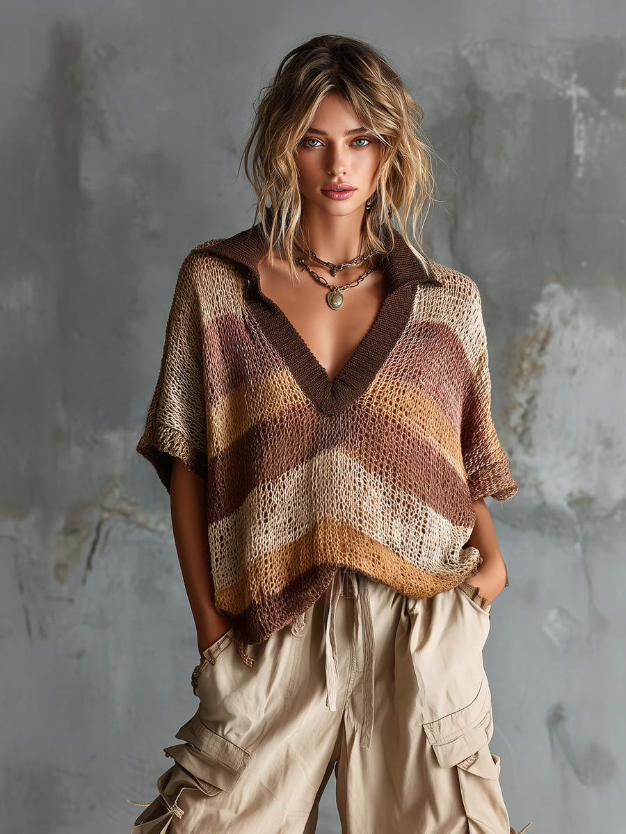 ElevenOra Chic Casual Multi-Color Stripe Lapel Collar V-Neck Short-Sleeve Loose-Fit Mesh Knit Sweater Top