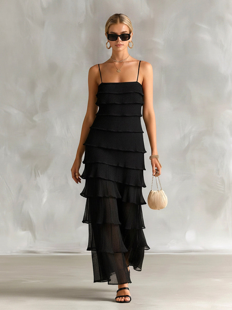 ElevenOra Chic Elegant Black Pleated Chiffon Spaghetti Straps Square-Neck Sleeveless Tiered Slim-Fit Maxi Dress