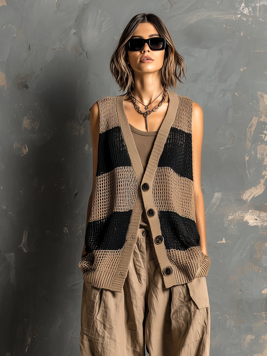 ElevenOra Chic Casual Camel-Black Colorblock V-Neck Single-Breasted Sleeveless Loose-Fit Mesh Knit Vest Top