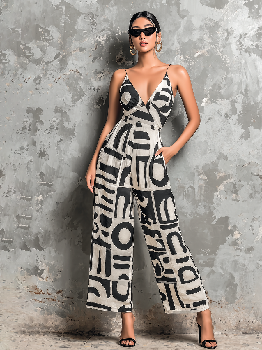 ElevenOra Chic Elegant Off White Textured Chiffon Abstract Geometric Print Spaghetti Straps V-Neck Sleeveless Tailored-Waist Loose-Fit Wide-Leg Ankle Jumpsuit