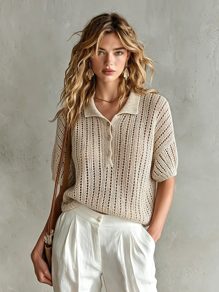 ElevenOra Chic Elegant Beige Button-Up Lapel-Collar Short-Sleeve Loose-Fit Hollow-Out Mesh Knit Sweater Top