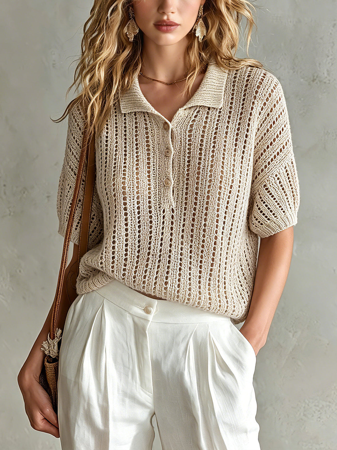 ElevenOra Chic Elegant Beige Button-Up Lapel-Collar Short-Sleeve Loose-Fit Hollow-Out Mesh Knit Sweater Top