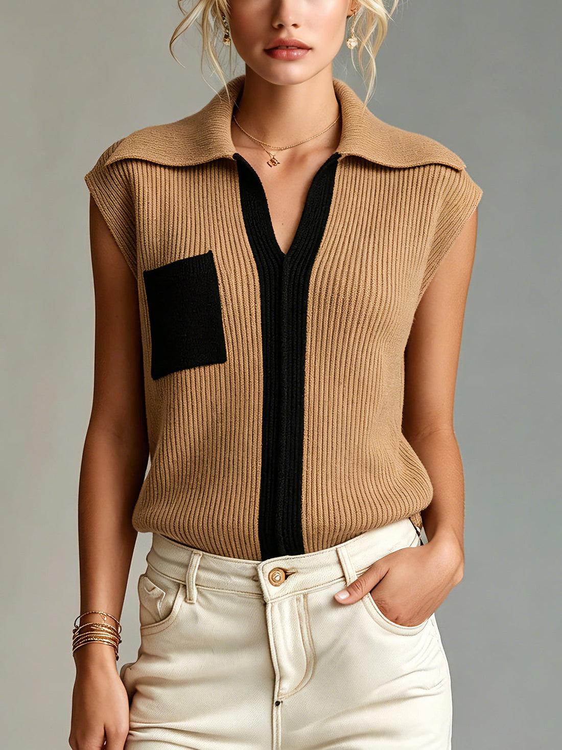 ElevenOra Chic Elegant Camel-Black Colorblock Lapel V-Neck Sleeveless Loose-Fit Ribbed Knit Vest Top