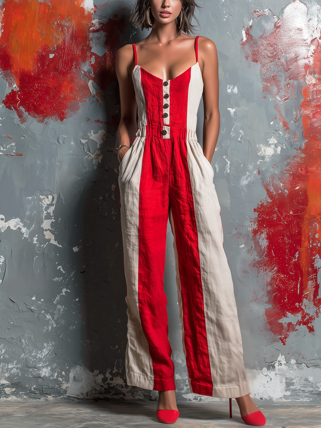 ElevenOra Chic Elegant Off White-Red Colorblock Cotton Linen Blend Spaghetti Straps V-Neck Button-Front Sleeveless Tailored-Waist Loose-Fit Wide-Leg Jumpsuit
