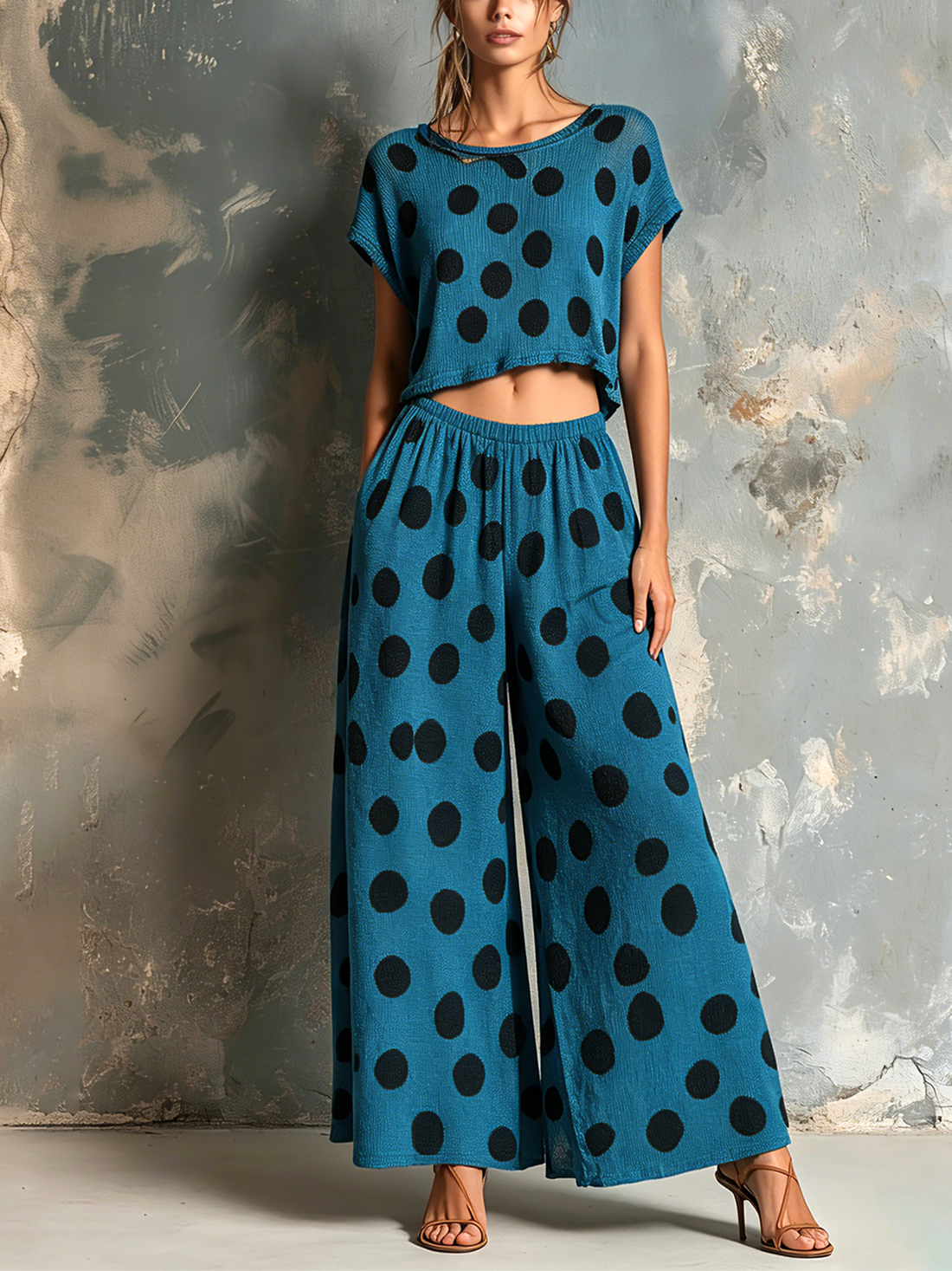 ElevenOra Chic Elegant Teal Blue Polka Dot Jacquard Round-Neck Short-Sleeve Sweater Top Loose-Fit Wide-Leg Pants Knit Two-Piece Set