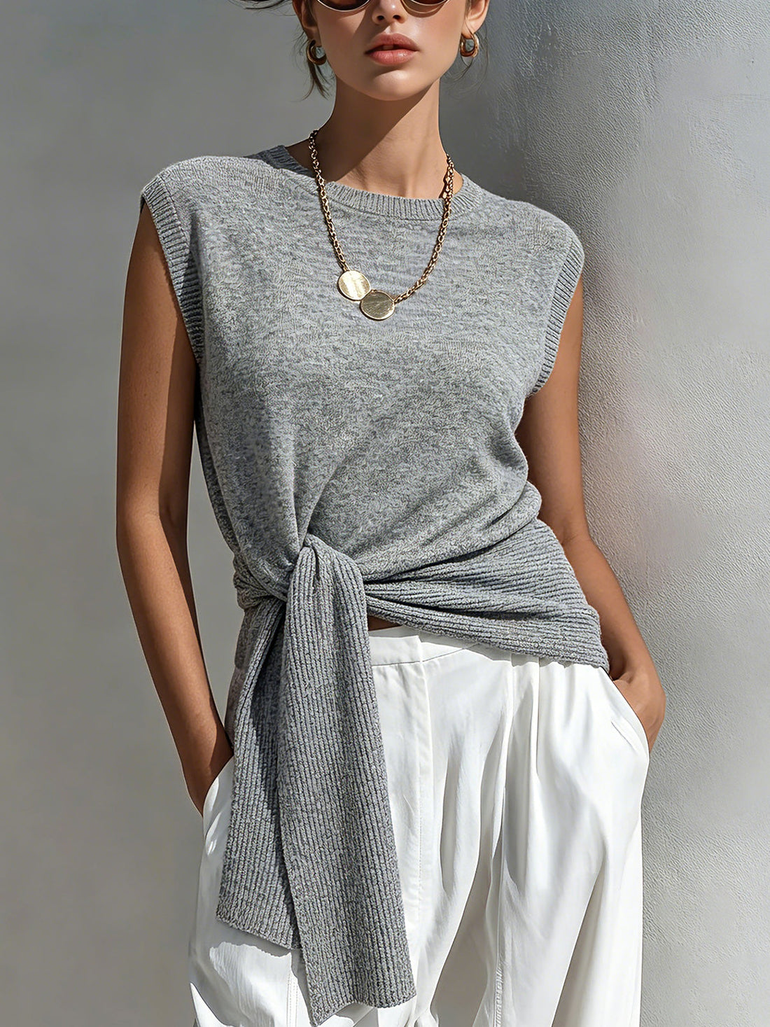 ElevenOra Chic Elegant Gray Round-Neck Sleeveless Rib Detail Tie-Waist Loose-Fit Knit Vest Top