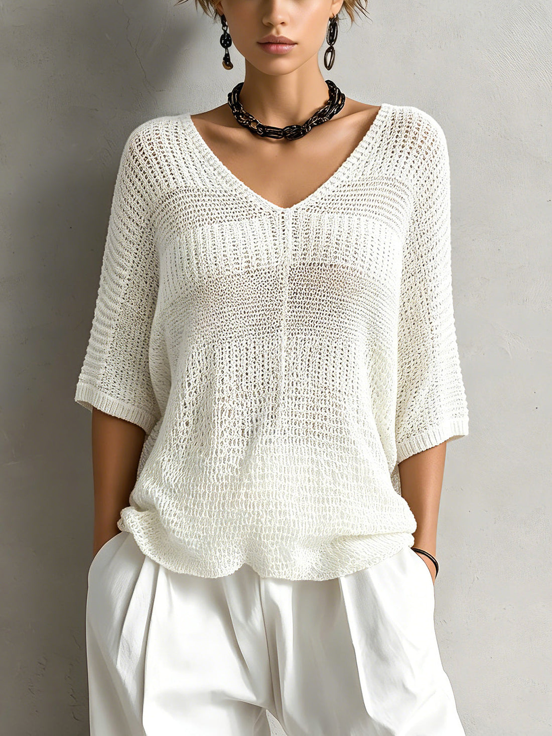 ElevenOra Chic Elegant Cream White V-Neck Half-Sleeve Patchwork Detail Loose-Fit Mesh Knit Sweater Top