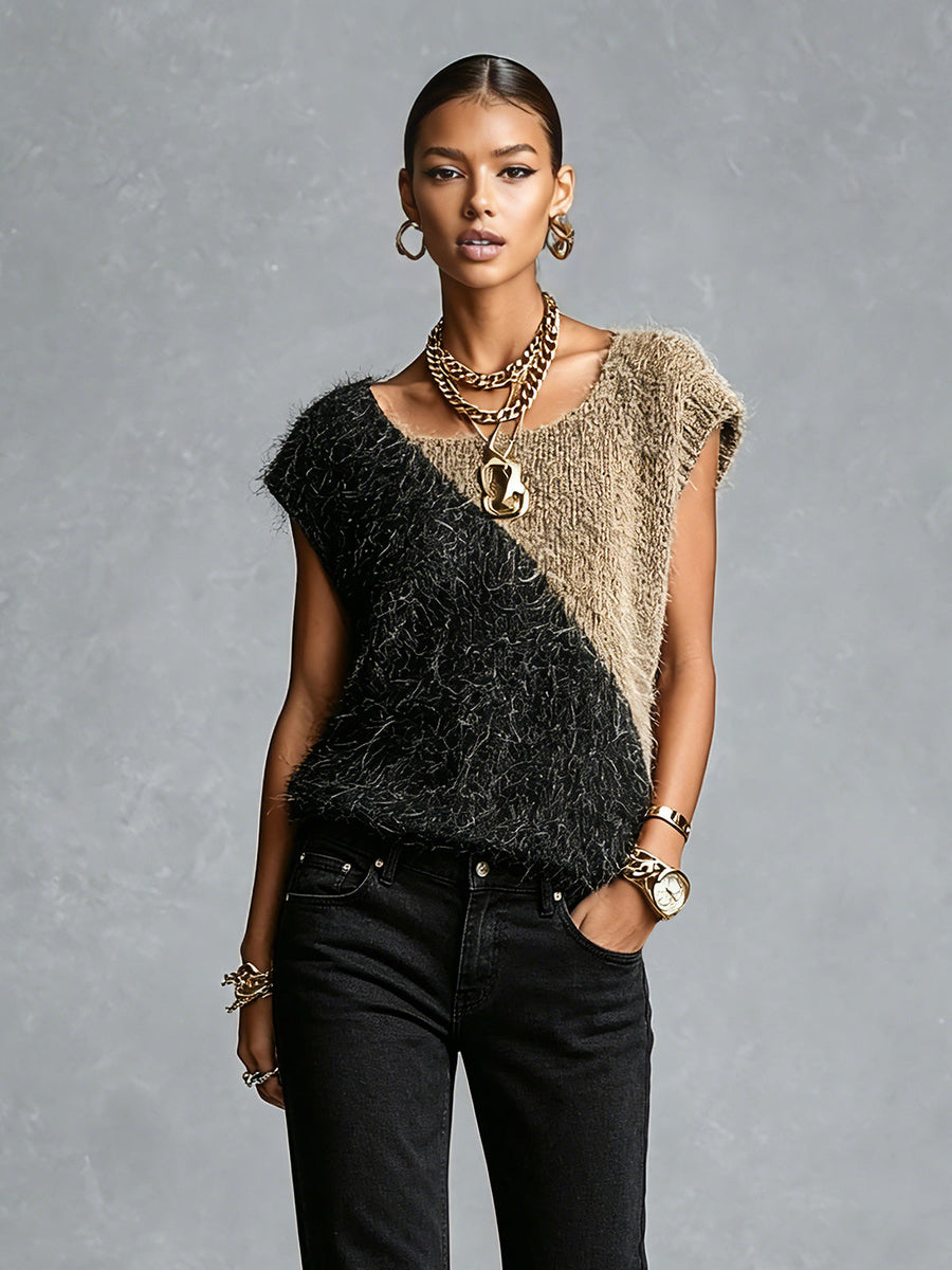 ElevenOra Chic Elegant Black-Camel Colorblock Square-Neck Cap Sleeve Loose-Fit Fuzzy Knit Vest Top