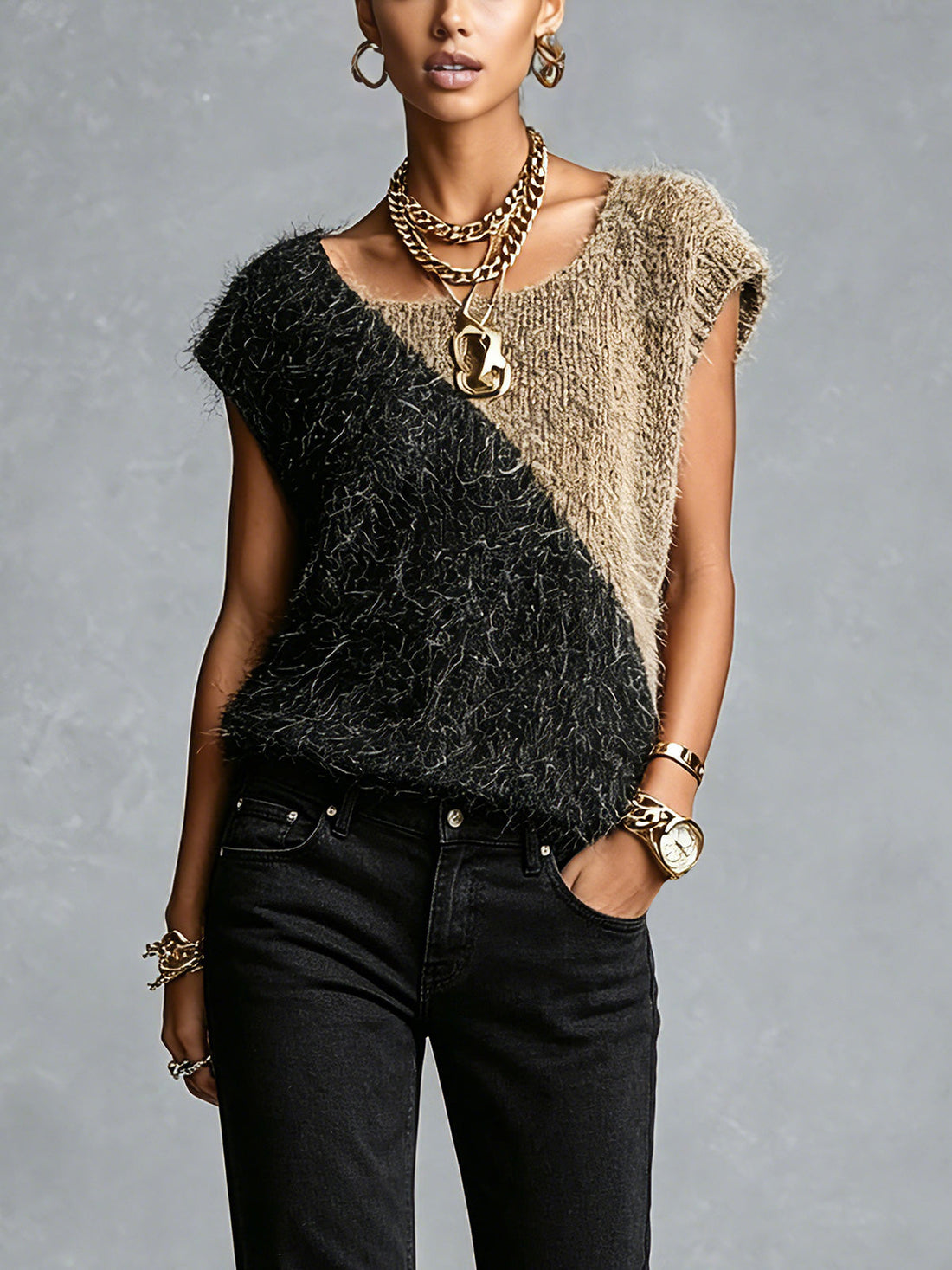 ElevenOra Chic Elegant Black-Camel Colorblock Square-Neck Cap Sleeve Loose-Fit Fuzzy Knit Vest Top