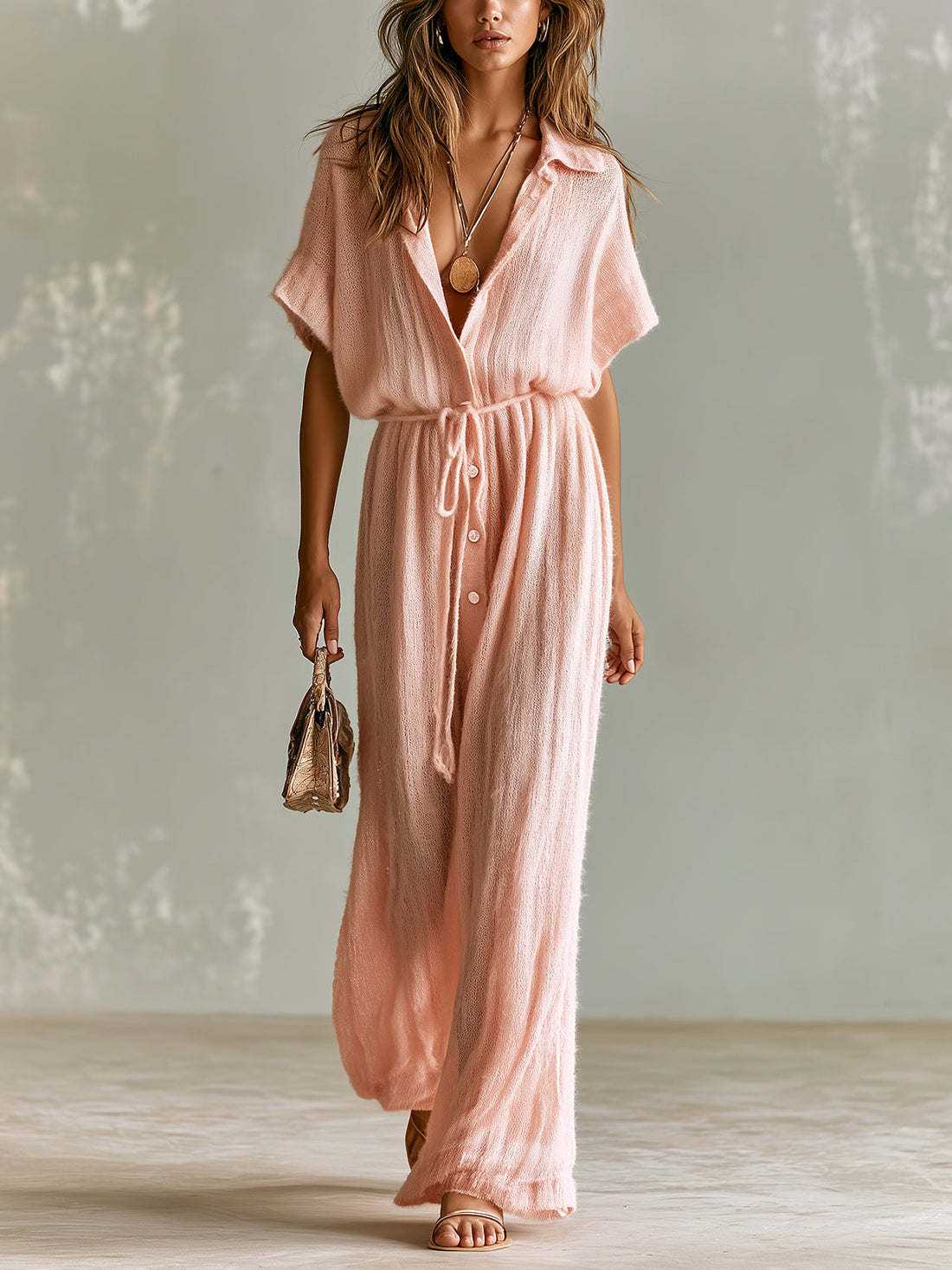 ElevenOra Chic Elegant Pink Lapel-Collar Short-Sleeve Single-Breasted Tie-Waist Loose-Fit Breathable Knit Wide-Leg Jumpsuit