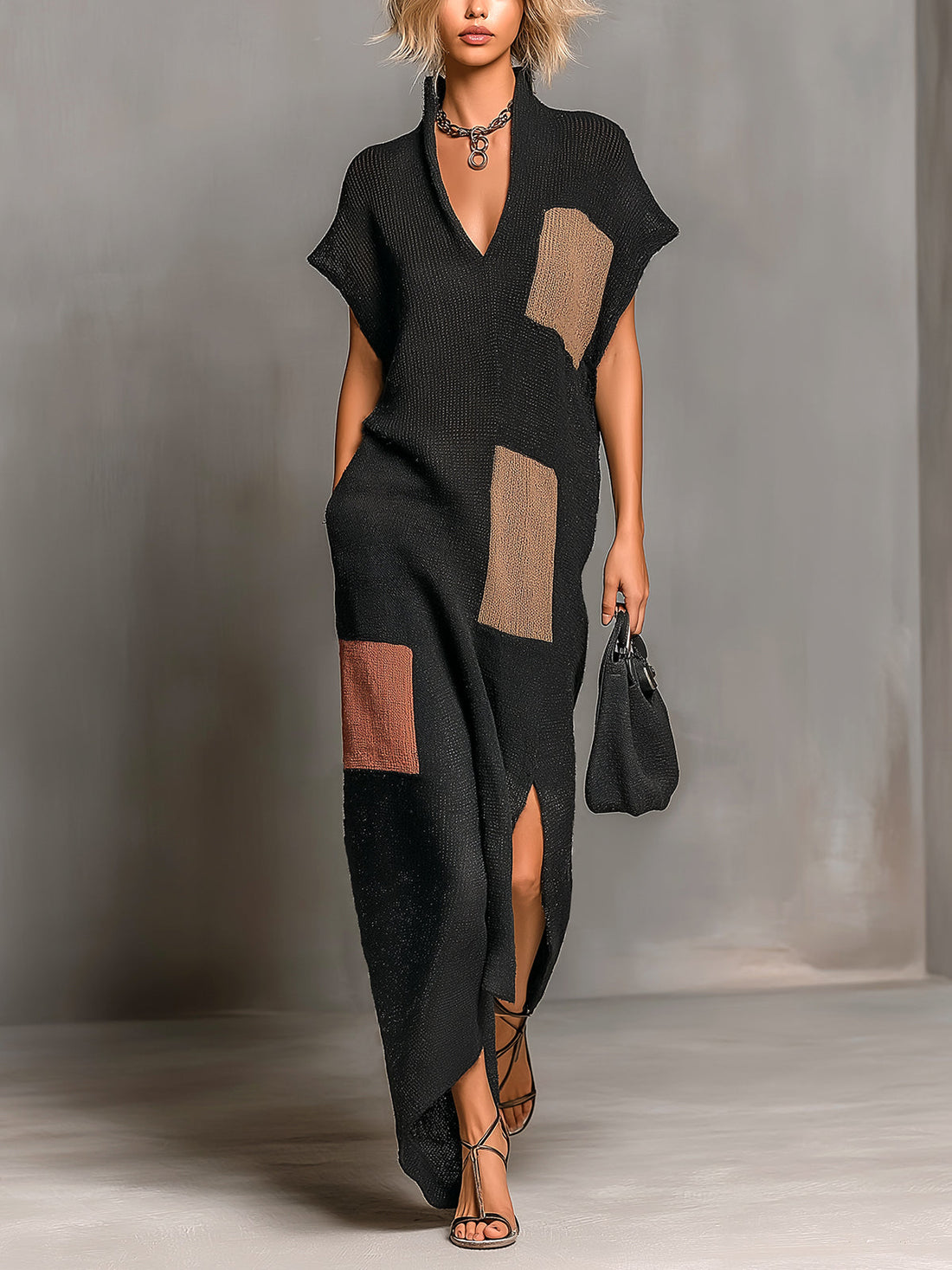 ElevenOra Chic Elegant Black-Brown-Pink Colorblock Stand Collar V-Neck Short-Sleeve Slit Detail Loose-Fit Knit Maxi Dress