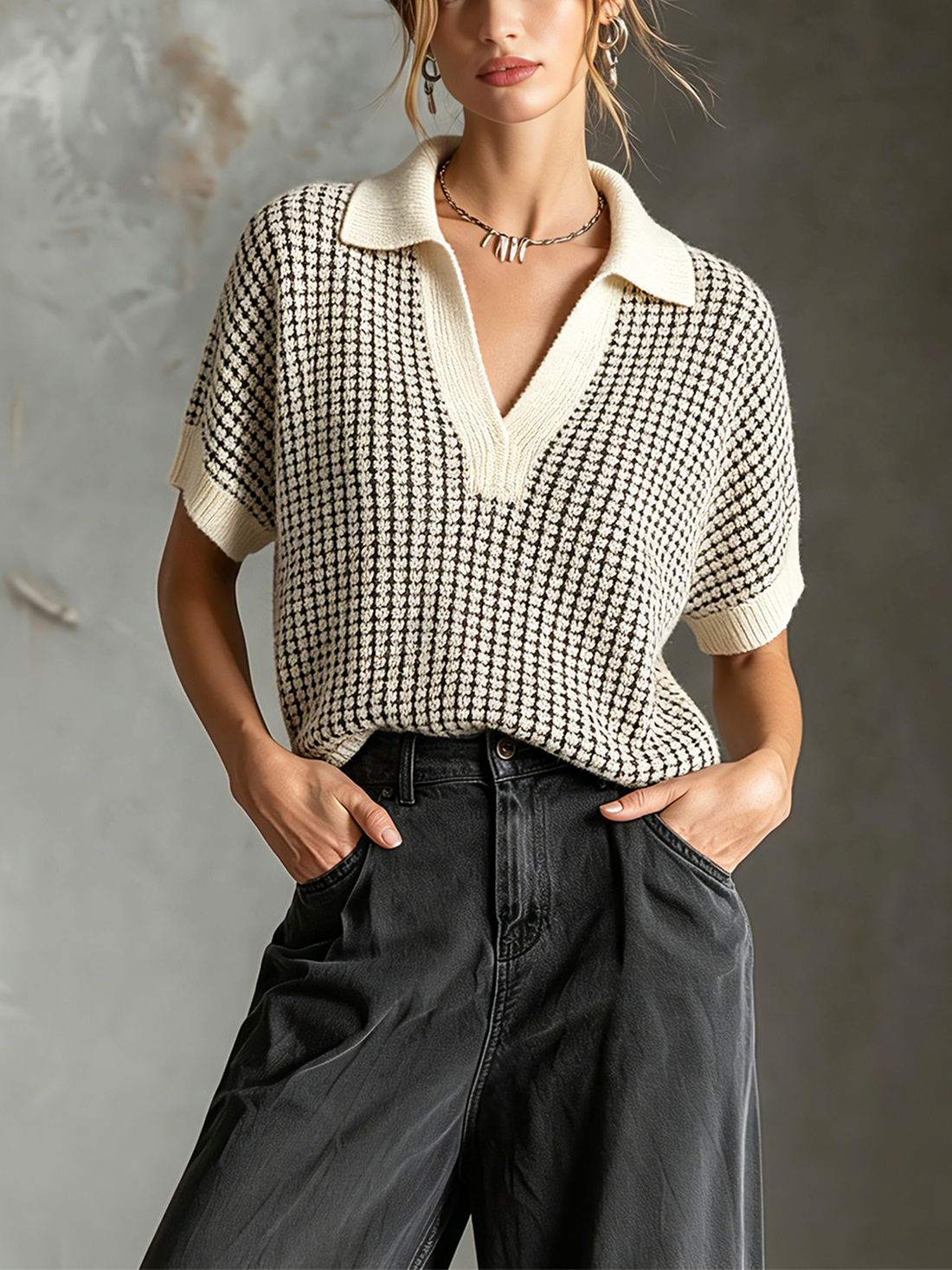 ElevenOra Chic Casual Off White Lapel-Collar V-Neck Short-Sleeve Loose-Fit Grid Textured Knit Sweater Top