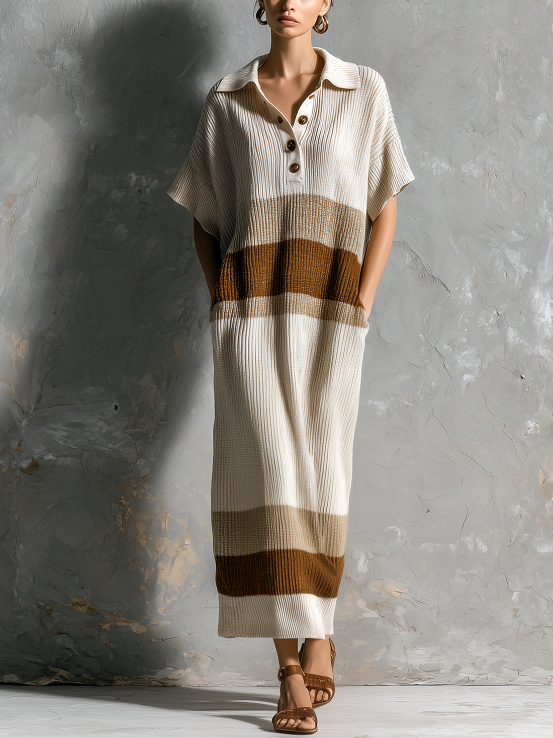 ElevenOra Chic Elegant Off White Lapel-Collar Button Front Contrast Trim Short-Sleeve Loose-Fit Ribbed Knit Maxi Dress