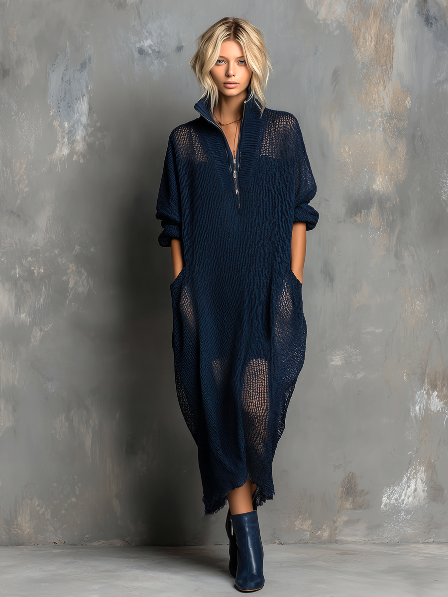 ElevenOra Chic Casual Navy Blue Stand Collar Zipper-Front Long-Sleeve Loose-Fit Mesh Knit Maxi Dress