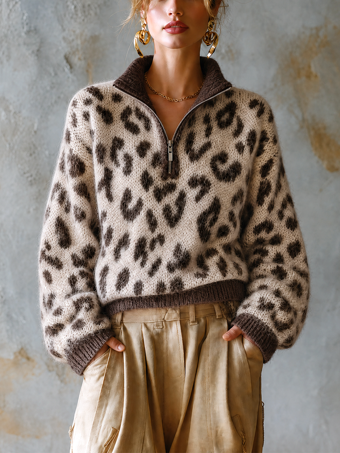 ElevenOra Chic Casual Beige Stand Collar Zipper-Up Brown Leopard Jacquard Long Sleeve Loose-Fit Knit Sweater Top