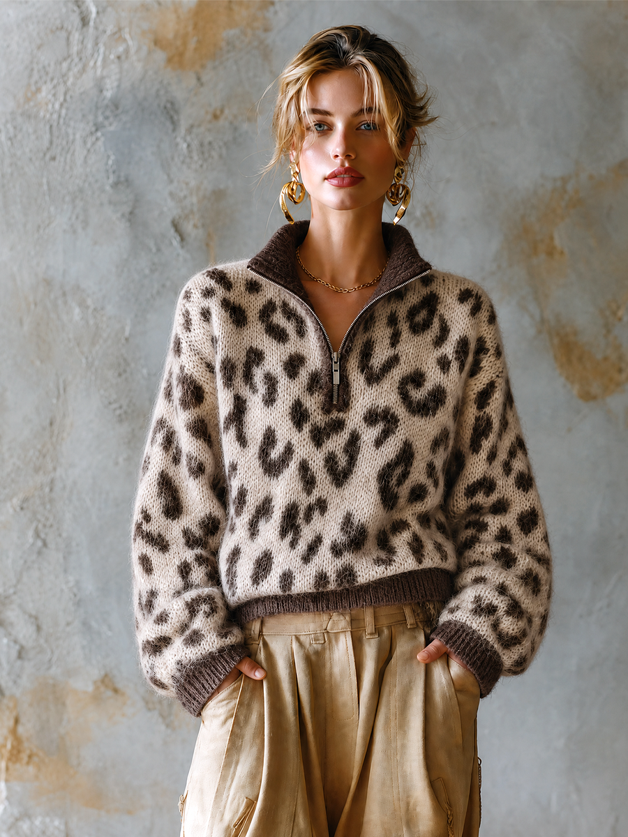 ElevenOra Chic Casual Beige Stand Collar Zipper-Up Brown Leopard Jacquard Long Sleeve Loose-Fit Knit Sweater Top