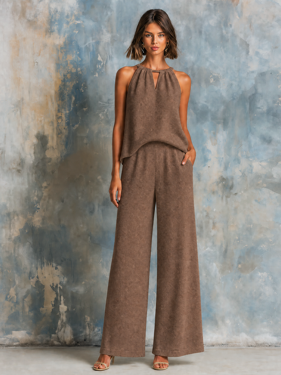 ElevenOra Chic Elegant Brown Keyhole Halter Sleeveless Tank Top Wide-Leg Pants Knit Two-Piece Set