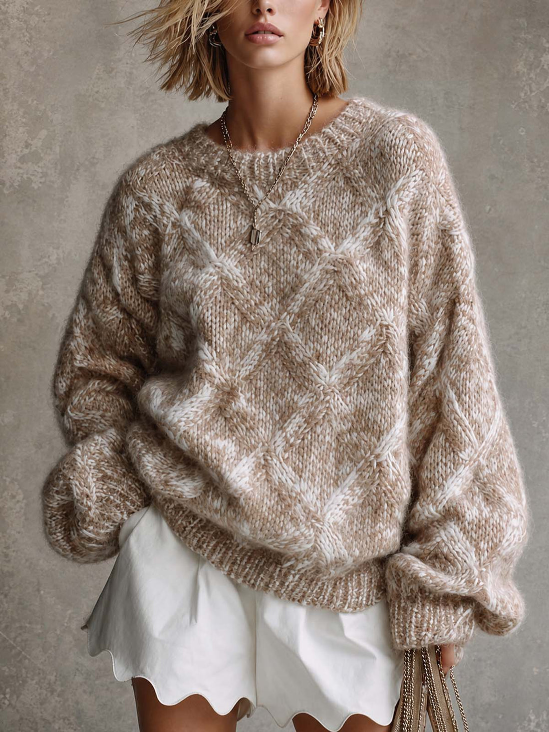 ElevenOra Chic Casual Camel Melange Argyle Pattern Jacquard Round Neck Long Sleeve Loose-Fit Sweater Top