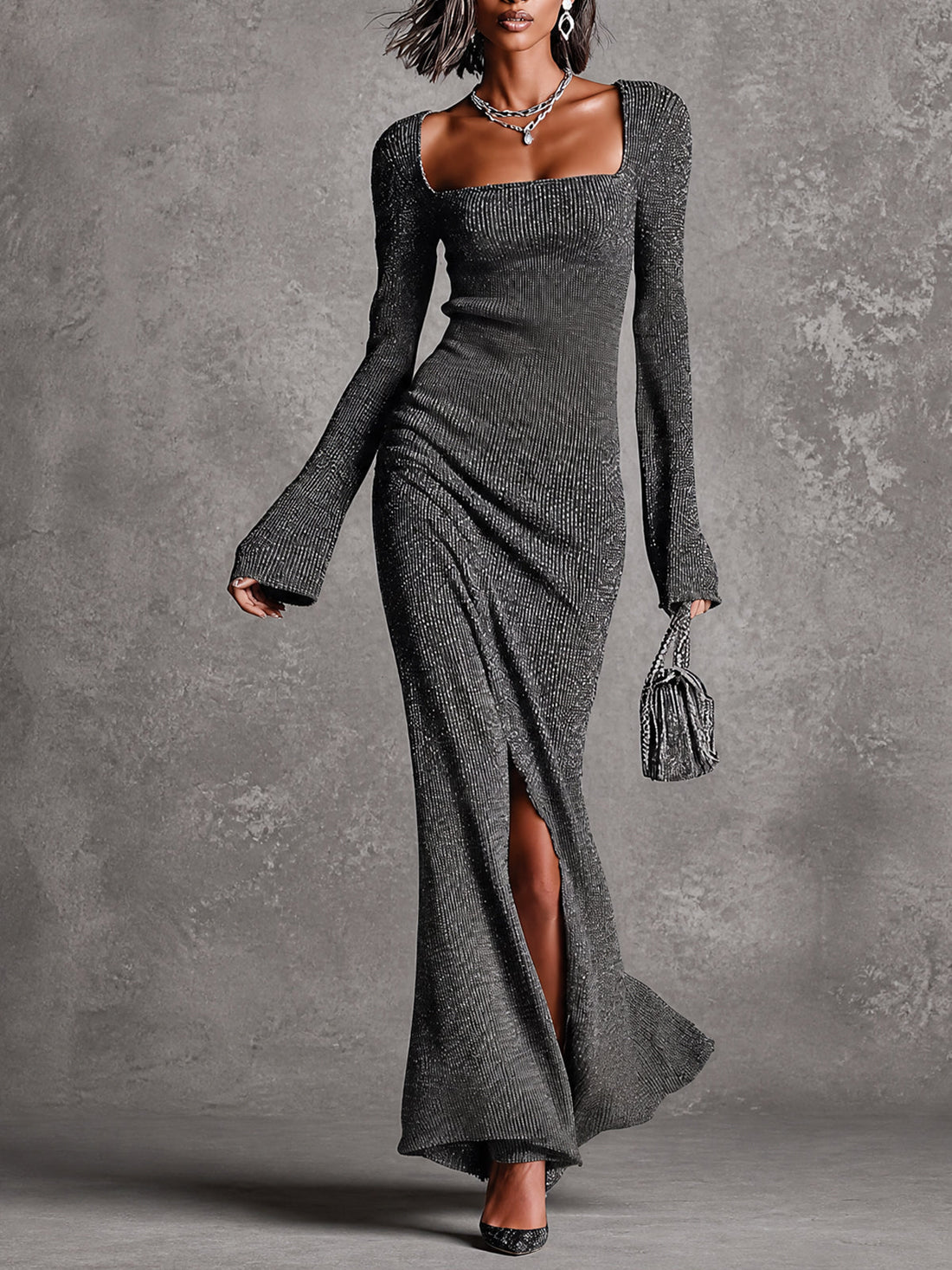 ElevenOra Chic Carbon Gray Square-Neck Long-Flare-Sleeve Tailored Slit Detail Ribbed Knit Maxi Dress