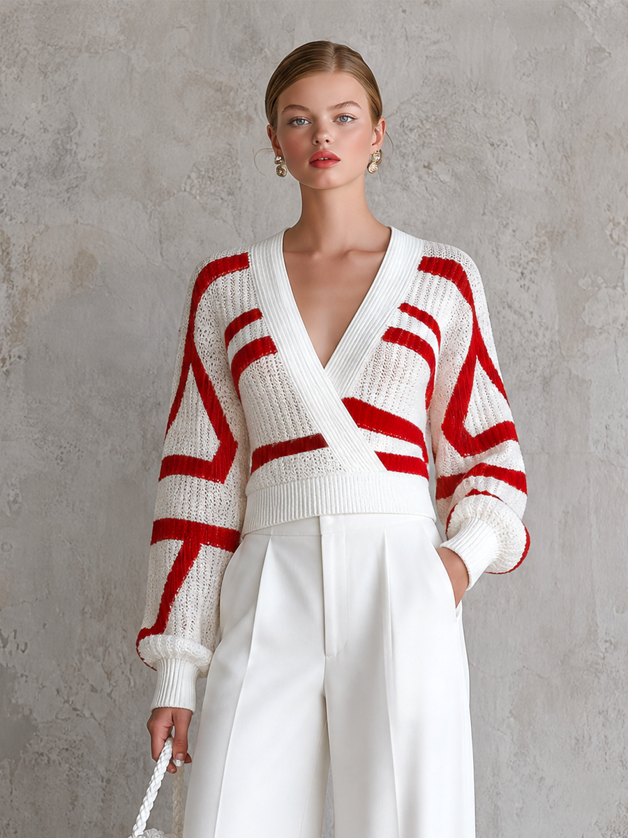ElevenOra Chic Elegant White-Red Geometric Colorblock Jacquard Wrap V Neck Balloon Long Sleeve Loose-Fit Knit Sweater Top