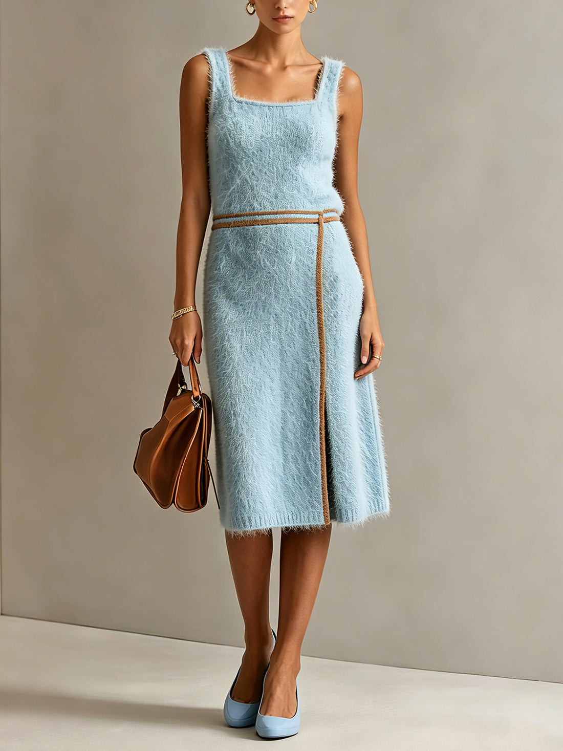 ElevenOra Chic Elegant Blue Mohair Blend Square-Neck Sleeveless Brown Trim Detail Slit Hem H-Shaped Knit Midi Dress