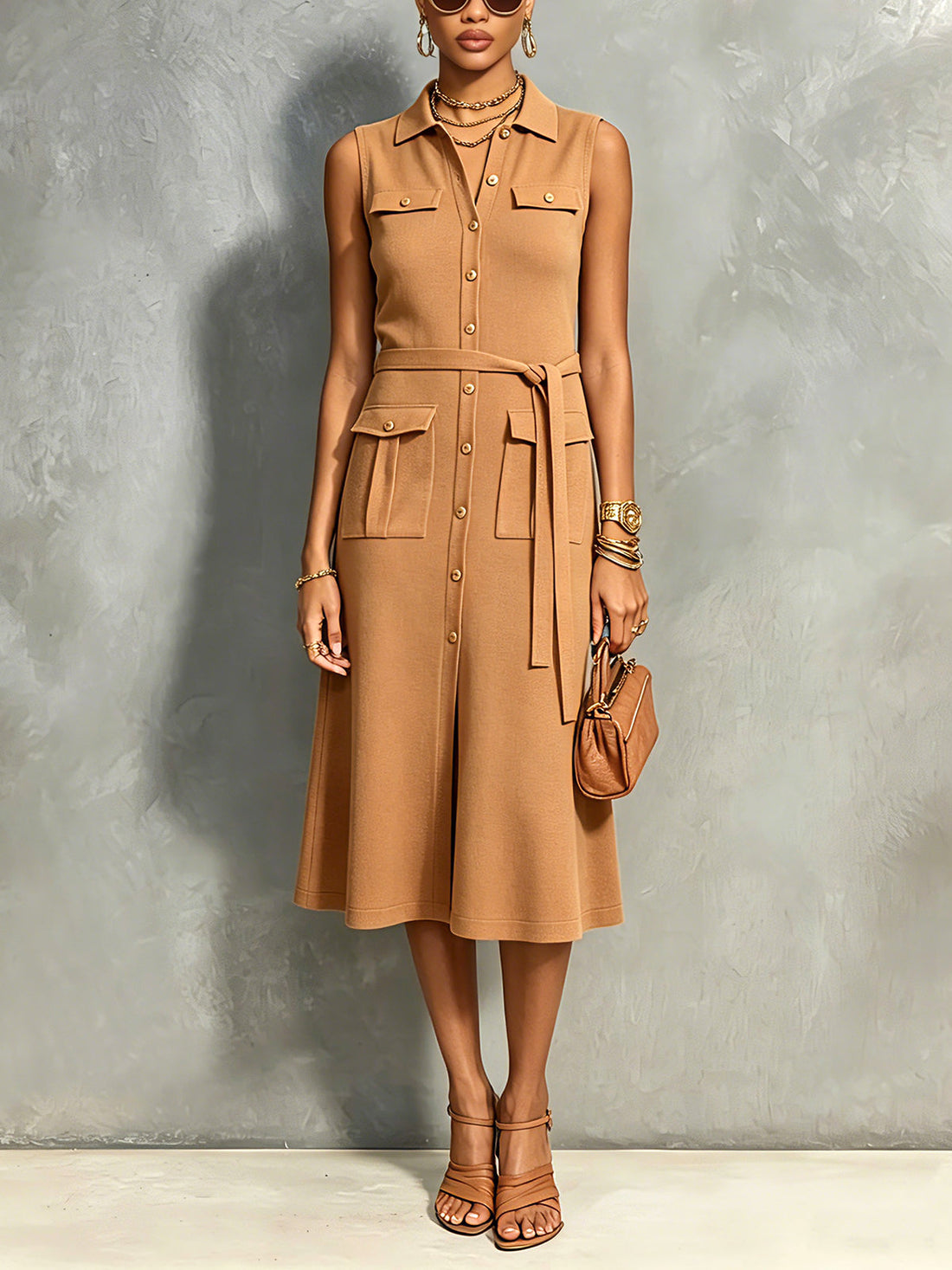ElevenOra Chic Elegant Camel Lapel-Collar Single-Breasted Sleeveless Tie-Waist Multi-Pocket A-Line Soft Knit Midi Dress