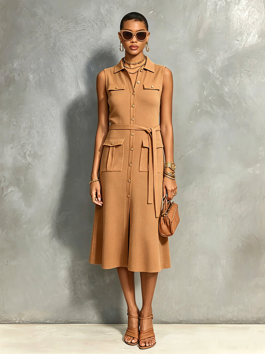 ElevenOra Chic Elegant Camel Lapel-Collar Single-Breasted Sleeveless Tie-Waist Multi-Pocket A-Line Soft Knit Midi Dress