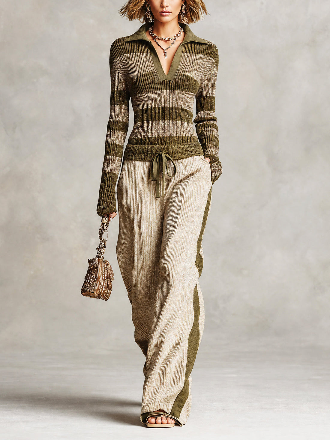 ElevenOra Chic Casual Green Stripes Lapel-Collar Long Sleeve Sweater Drawstring-Waist Straight-Leg Trousers Slim-Fit Knit Two-Piece Set