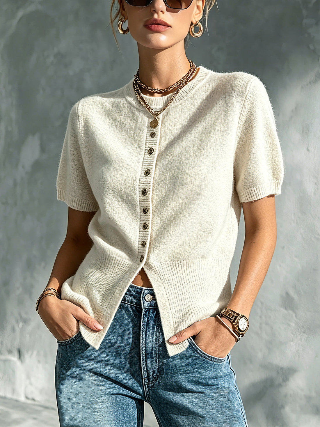 ElevenOra Chic Elegant Beige Round-Neck Short-Sleeve Button-Front Ribbed-Hem Soft Knit Sweater Top