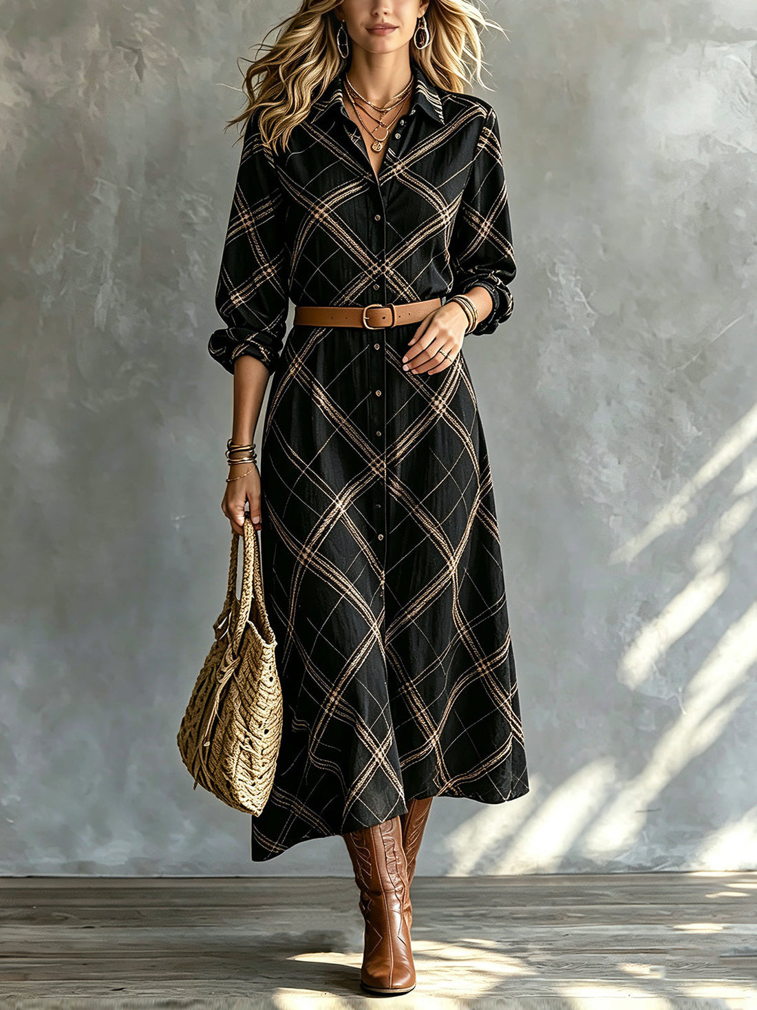 ElevenOra Chic Elegant Black-Camel Geometrical Print Lapel Collar Single-Breasted Long-Sleeve Belted Loose-Fit A-Line Midi Dress