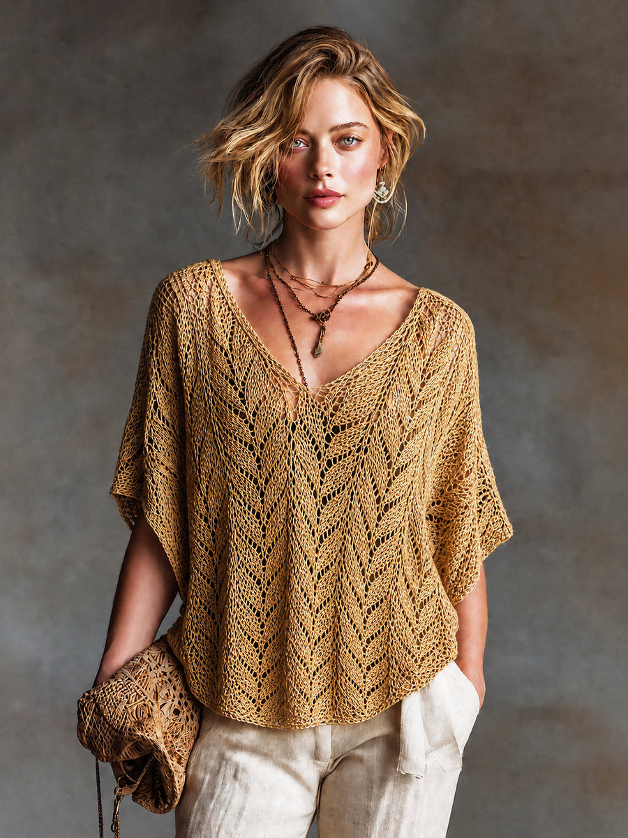 ElevenOra Chic Casual Mustard Yellow V-neck Short-sleeved Loose-Fit Knit Sweater
